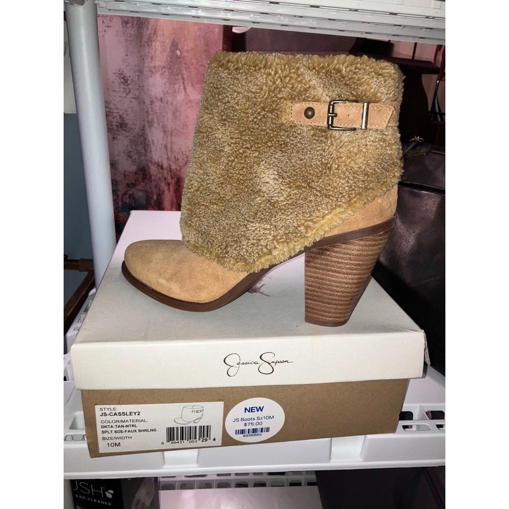 Jessica Simpson Cassley2 Booties Womens 10M Tan New Faux Shearling Suede Boots